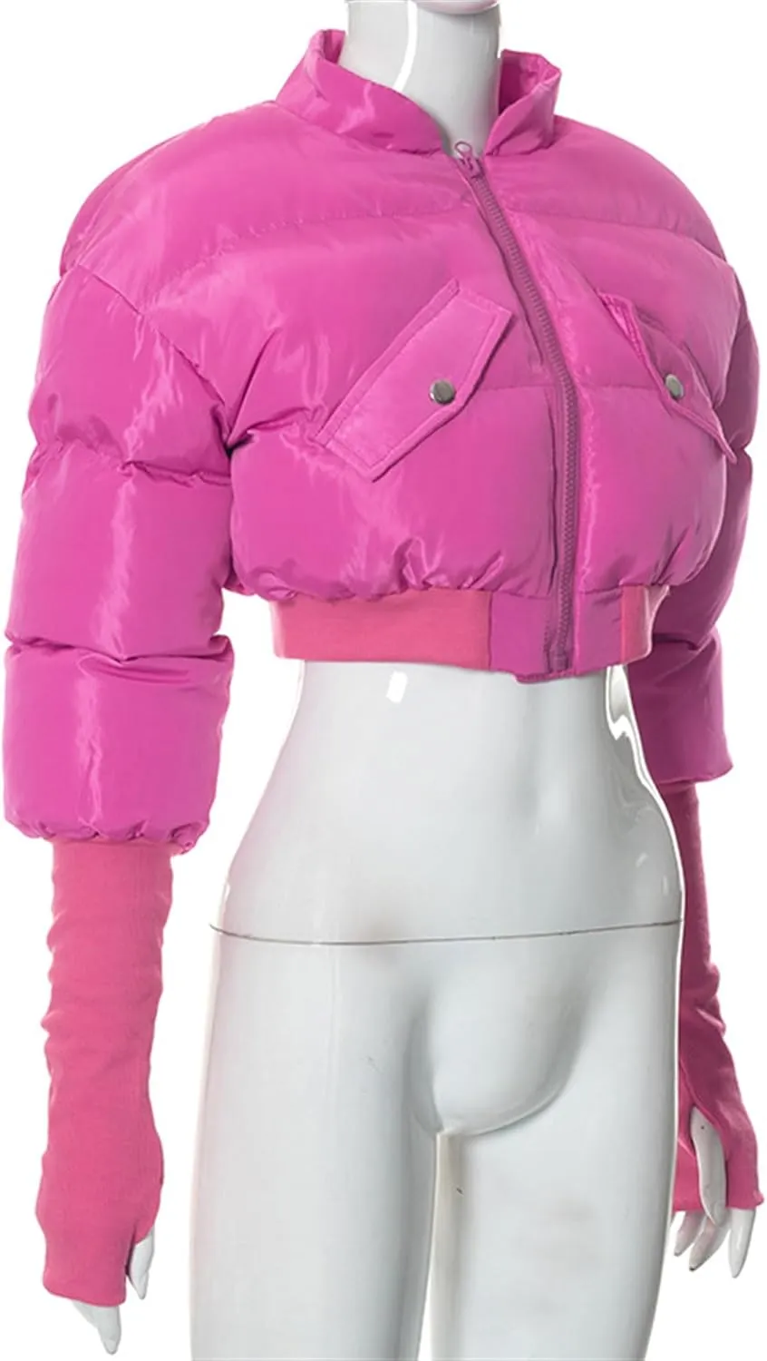 JEsilunmaMY Women's Short Down Jacket with Thumb Holes Stand Collar Zip Up Winter Puffer Jacket Solid Color Cropped Down Coat