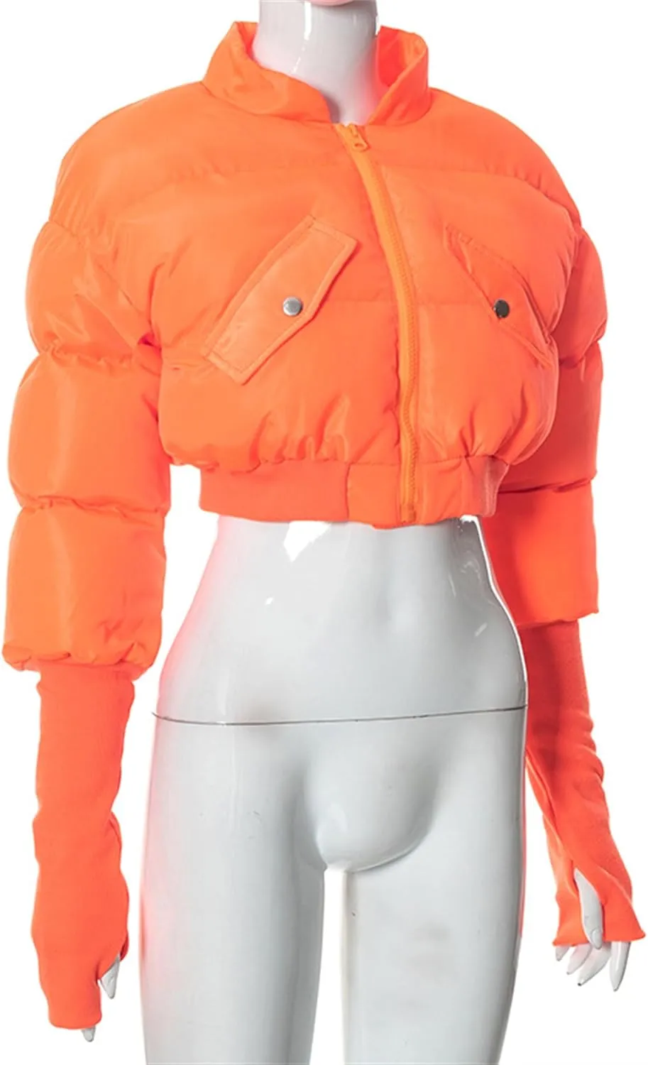 JEsilunmaMY Women's Short Down Jacket with Thumb Holes Stand Collar Zip Up Winter Puffer Jacket Solid Color Cropped Down Coat