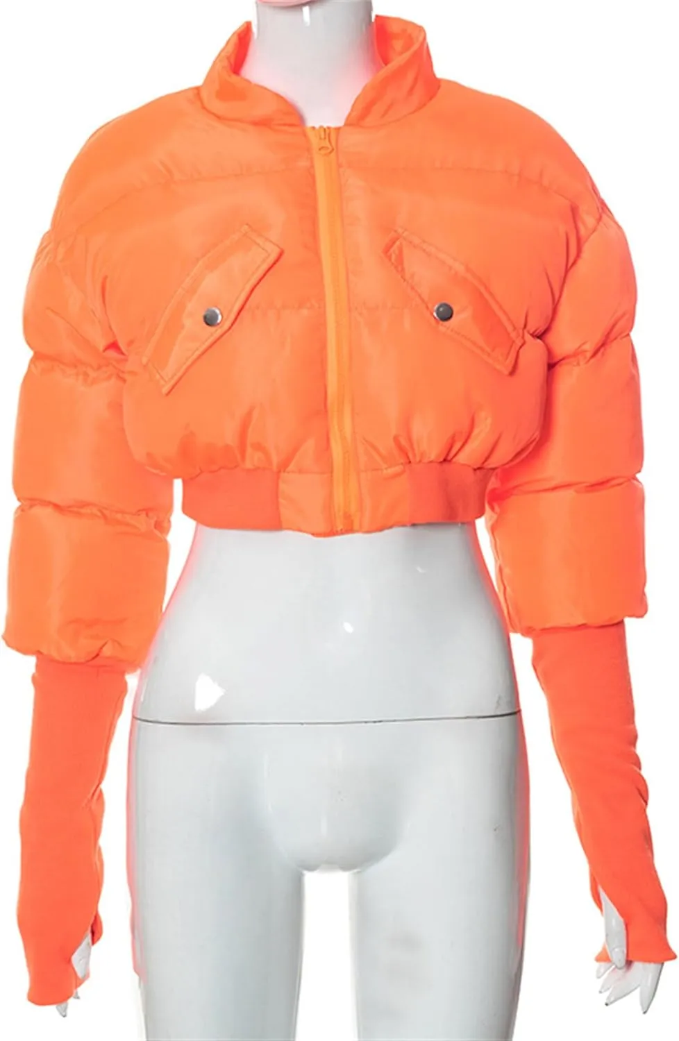 JEsilunmaMY Women's Short Down Jacket with Thumb Holes Stand Collar Zip Up Winter Puffer Jacket Solid Color Cropped Down Coat