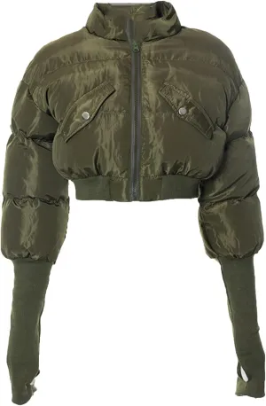 JEsilunmaMY Women's Short Down Jacket with Thumb Holes Stand Collar Zip Up Winter Puffer Jacket Solid Color Cropped Down Coat