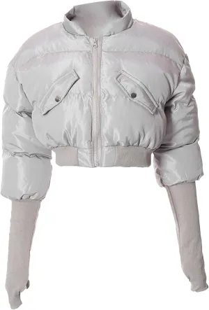 JEsilunmaMY Women's Short Down Jacket with Thumb Holes Stand Collar Zip Up Winter Puffer Jacket Solid Color Cropped Down Coat
