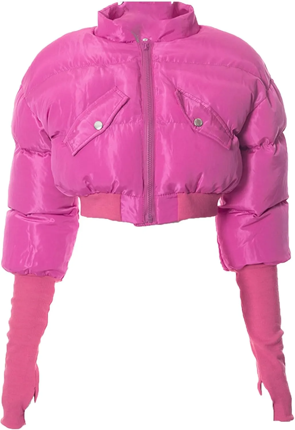JEsilunmaMY Women's Short Down Jacket with Thumb Holes Stand Collar Zip Up Winter Puffer Jacket Solid Color Cropped Down Coat