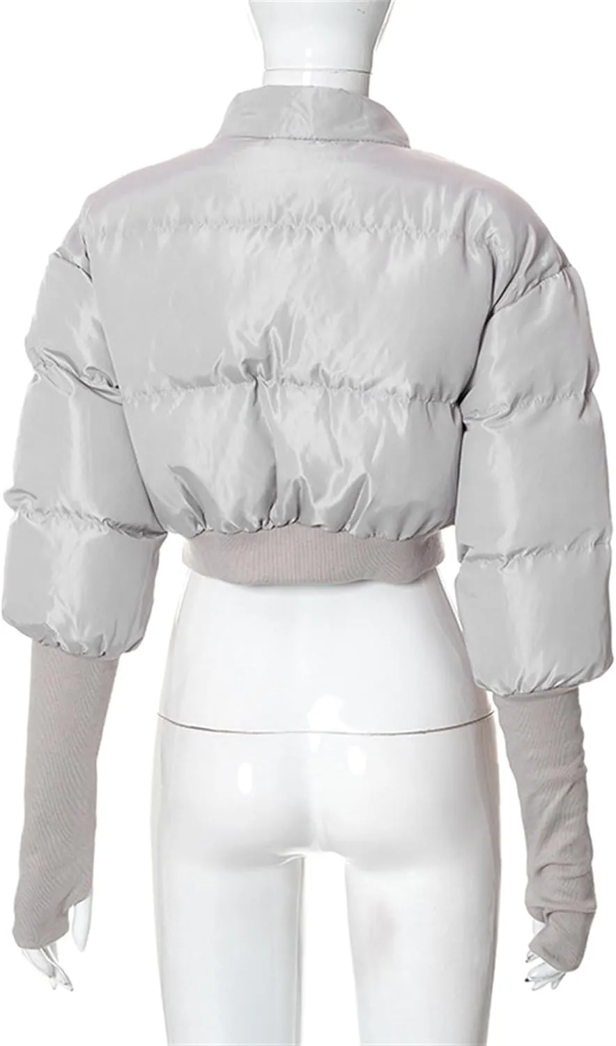 JEsilunmaMY Women's Short Down Jacket with Thumb Holes Stand Collar Zip Up Winter Puffer Jacket Solid Color Cropped Down Coat