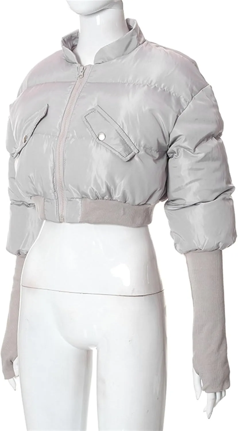 JEsilunmaMY Women's Short Down Jacket with Thumb Holes Stand Collar Zip Up Winter Puffer Jacket Solid Color Cropped Down Coat