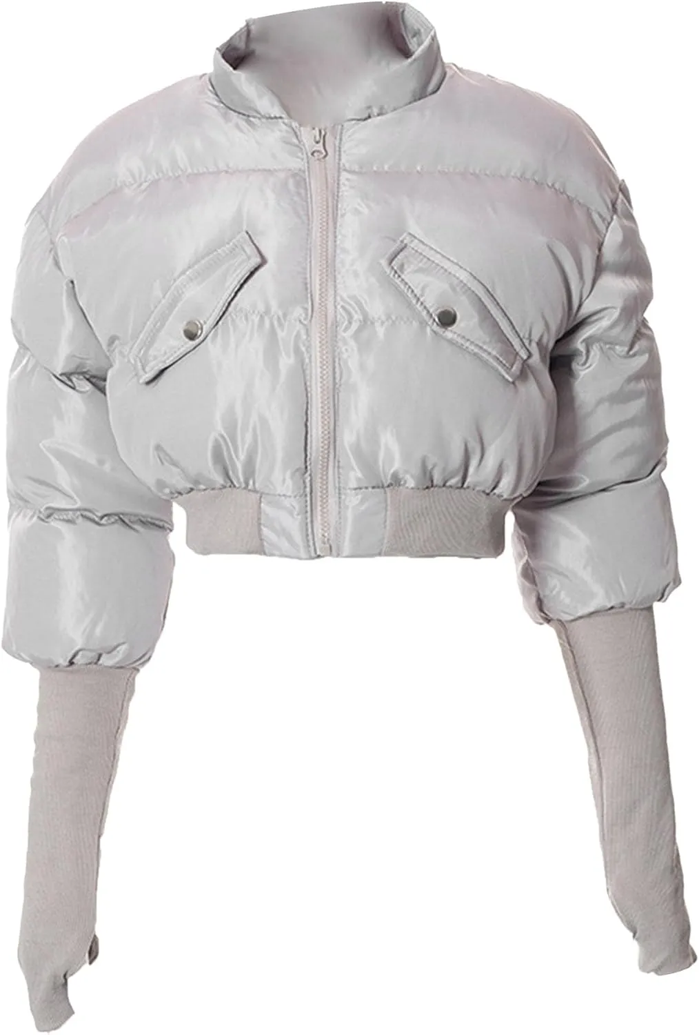 JEsilunmaMY Women's Short Down Jacket with Thumb Holes Stand Collar Zip Up Winter Puffer Jacket Solid Color Cropped Down Coat