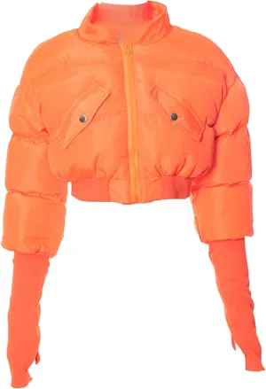 JEsilunmaMY Women's Short Down Jacket with Thumb Holes Stand Collar Zip Up Winter Puffer Jacket Solid Color Cropped Down Coat