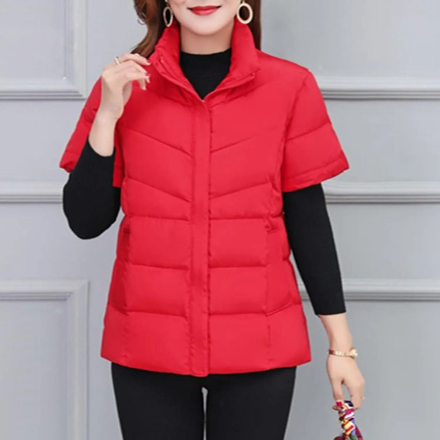 JEsilunmaMY Women's Short Sleeve Crop Puffer Vest Stand Collar Thick Down Coats with Pocket Winter Coat Warm Padded Jacket