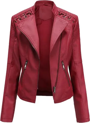 JEsilunmaMY Women's Slim Leather Moto Jacket Casual Short Solid Color Biker Coat with Pocket Lightweight Crop Leather Jackets