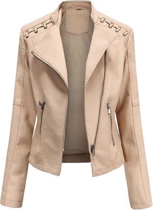 JEsilunmaMY Women's Slim Leather Moto Jacket Casual Short Solid Color Biker Coat with Pocket Lightweight Crop Leather Jackets