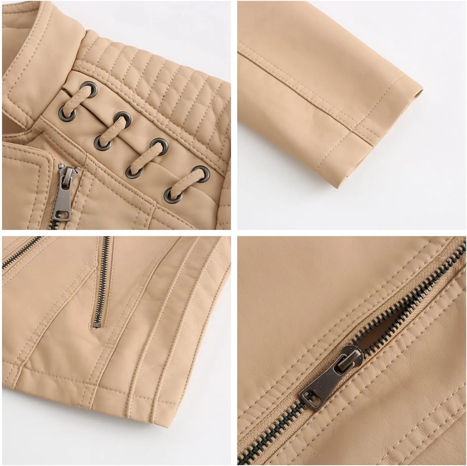 JEsilunmaMY Women's Slim Leather Moto Jacket Casual Short Solid Color Biker Coat with Pocket Lightweight Crop Leather Jackets