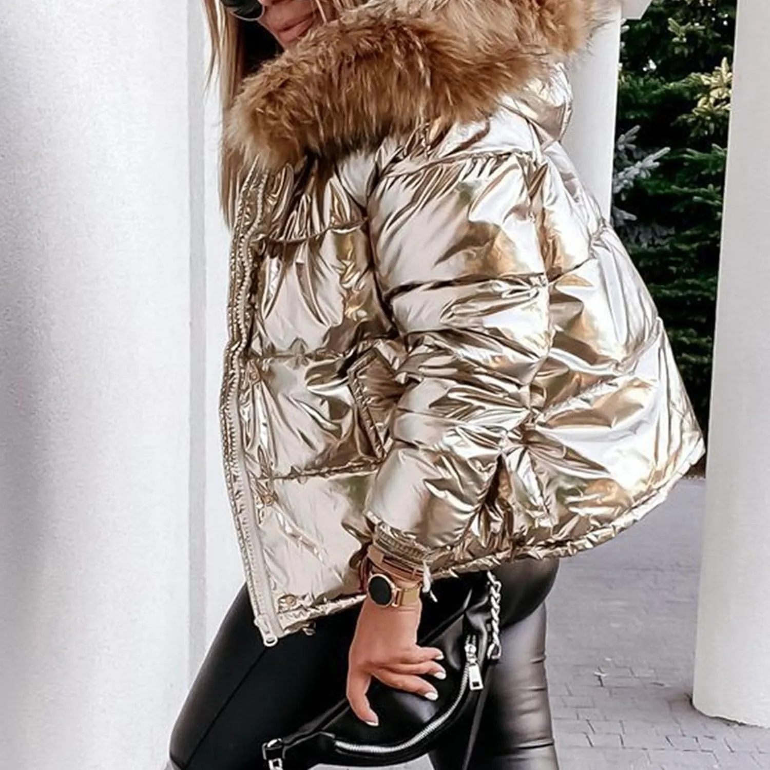 JEsilunmaMY Women's Thicken Shiny Puffer Jacket with Fur Hood Fleece Lined Insulated Short Down Coat Warm Winter Down Outwear
