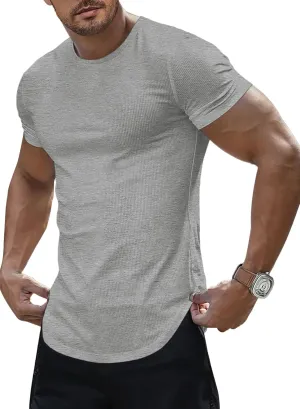 JMIERR Mens Short Sleeve T Shirt Summer Muscle Slim Fitted Crewneck Longline Tees Shirts for Gym Workout