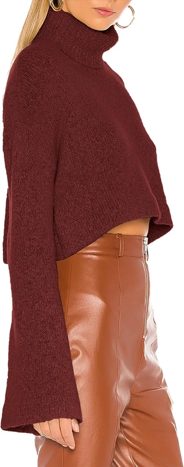 Jumppmile Women's Crop Sweater Turtleneck Long Sleeve Lightweight Fleece Cropped Pullover Sweater Top