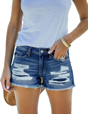 Jumppmile Womens Ripped Denim Shorts Mid Waisted Stretchy Frayed Raw Hem Denim Shorts