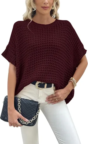 Jumppmile Women's Short Sleeve Waffle Knit Batwing Sleeve Sweater Pullover Sleeveless Oversized Sweater