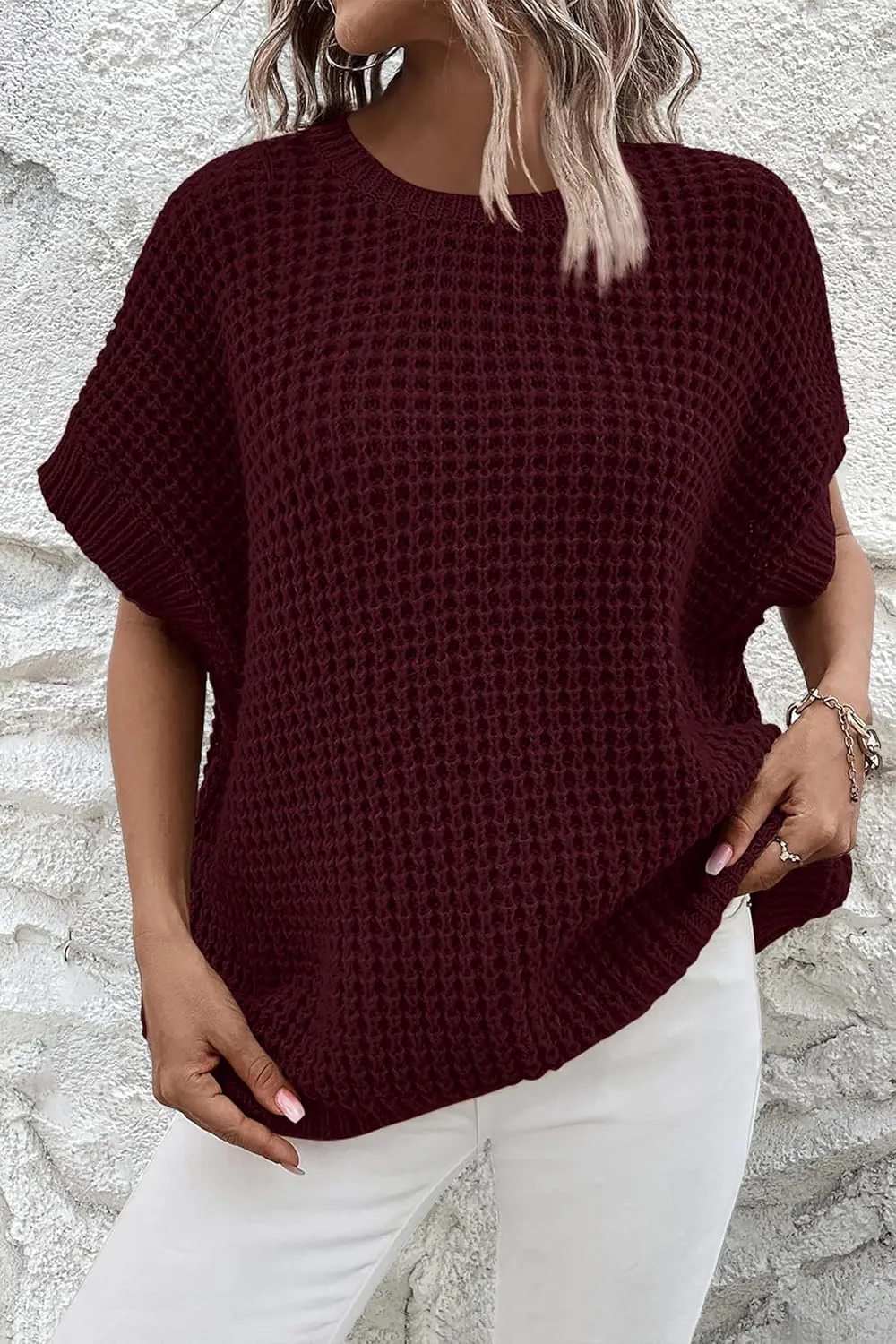 Jumppmile Women's Short Sleeve Waffle Knit Batwing Sleeve Sweater Pullover Sleeveless Oversized Sweater