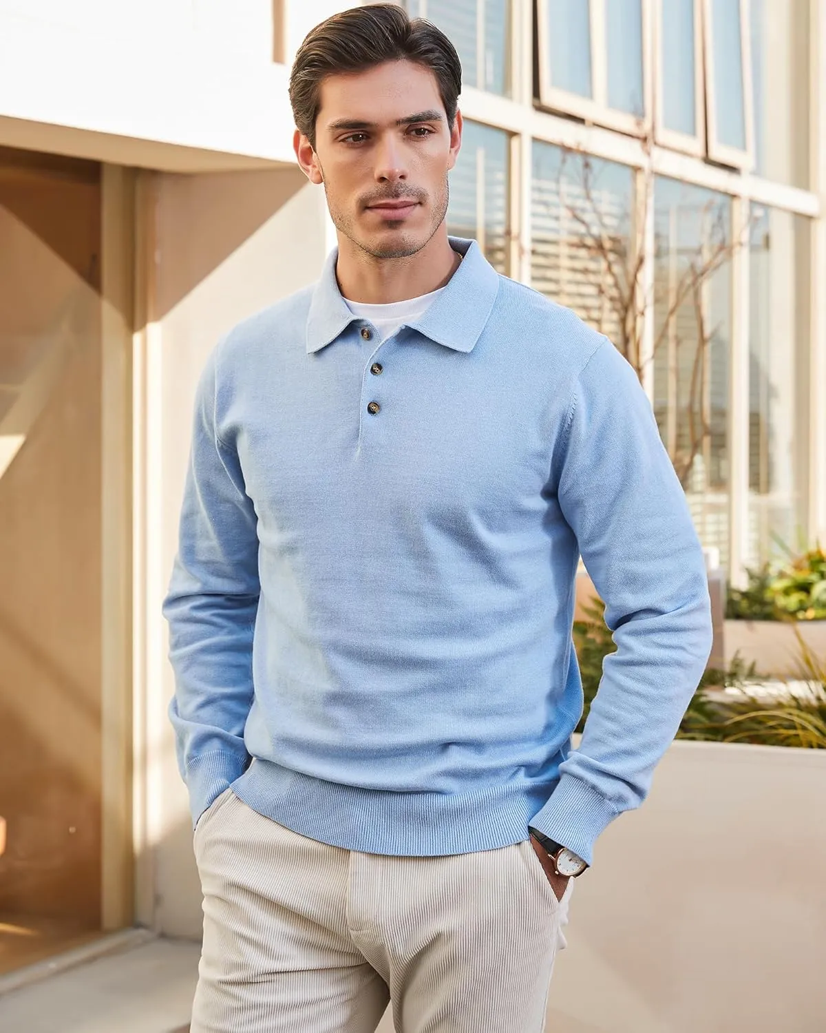 Kallspin Men's Cotton Knit Polo Sweater Classic Casual Long Sleeve Collared Pullover Sweater