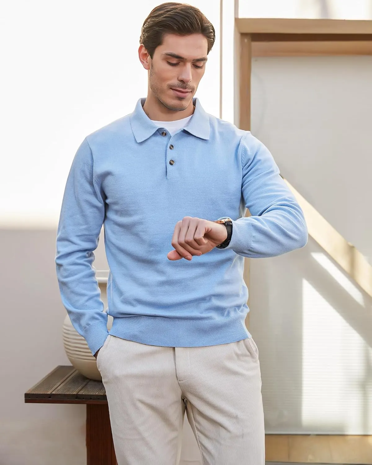 Kallspin Men's Cotton Knit Polo Sweater Classic Casual Long Sleeve Collared Pullover Sweater