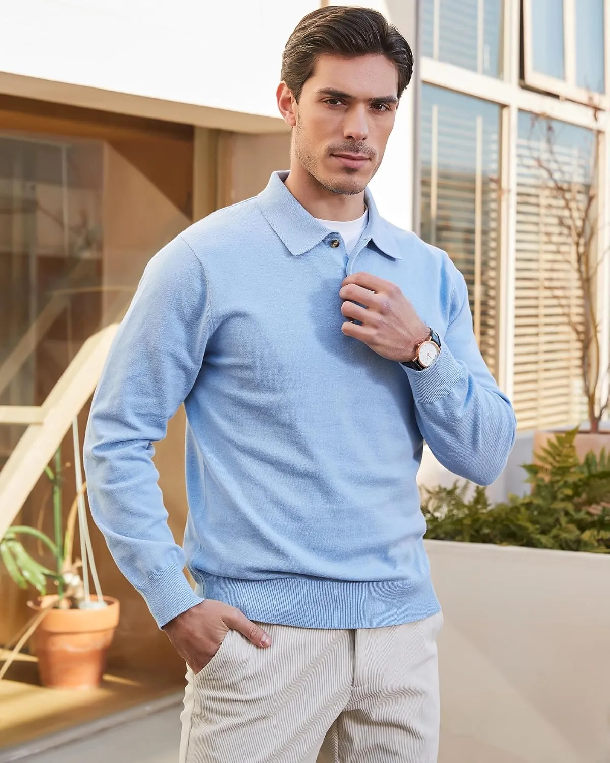 Kallspin Men's Cotton Knit Polo Sweater Classic Casual Long Sleeve Collared Pullover Sweater
