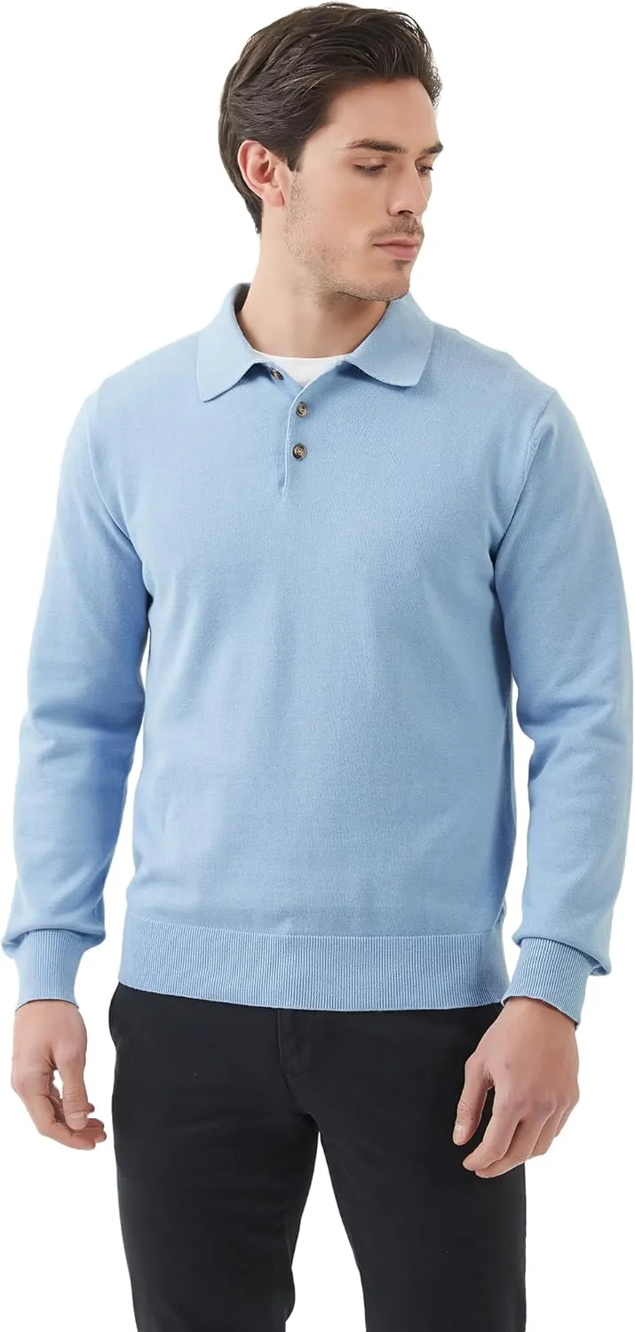 Kallspin Men's Cotton Knit Polo Sweater Classic Casual Long Sleeve Collared Pullover Sweater