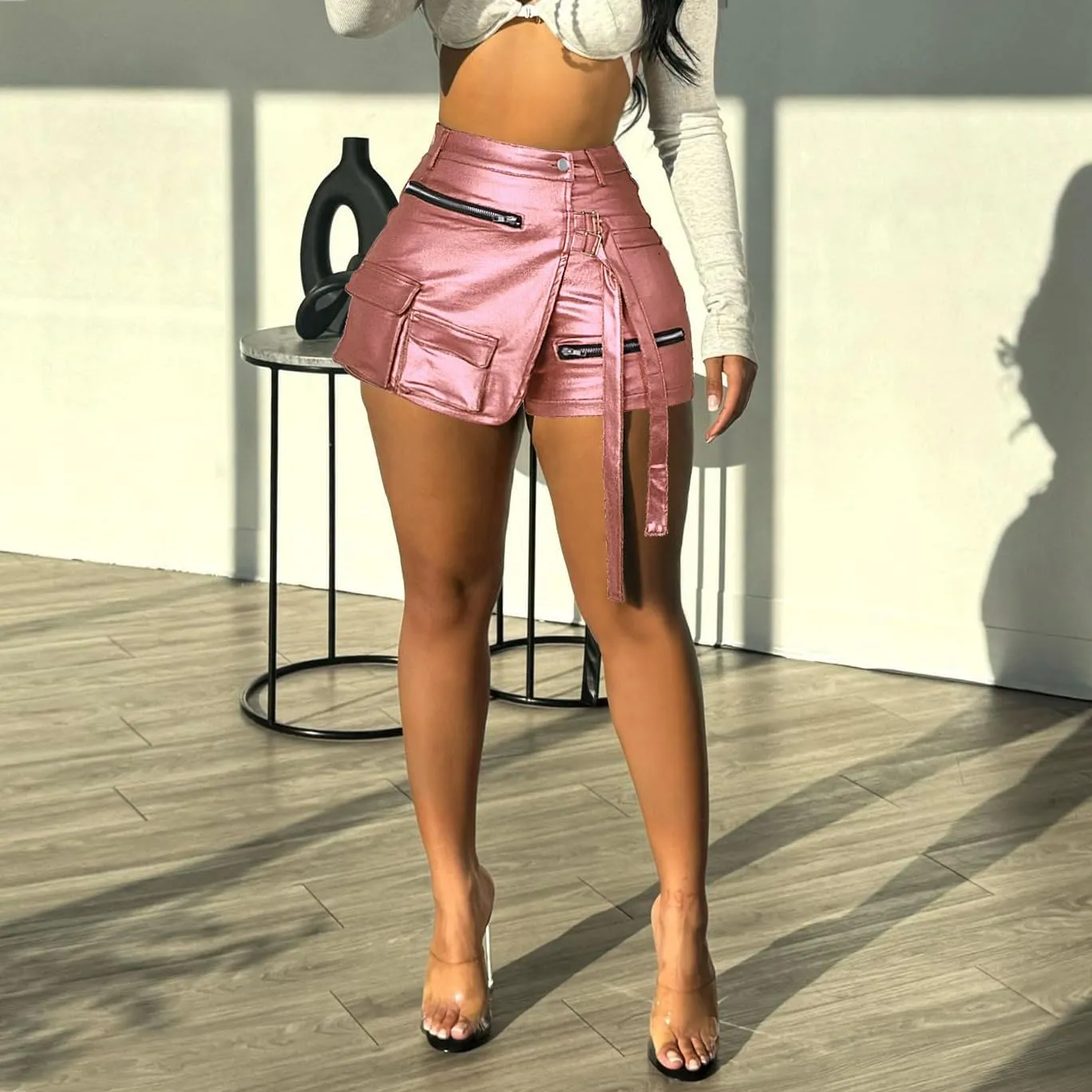 KELYWELL Metallic Faux Leather Skorts for Women's Y2K High Waisted Asymmetrical Cargo Shorts Sexy Streetwear Clubwear