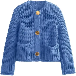 KEOMUD Women Button Down Cardigan Sweater Casual Long Sleeve Crewneck Cropped Chunky Knit Outerwear with Pockets