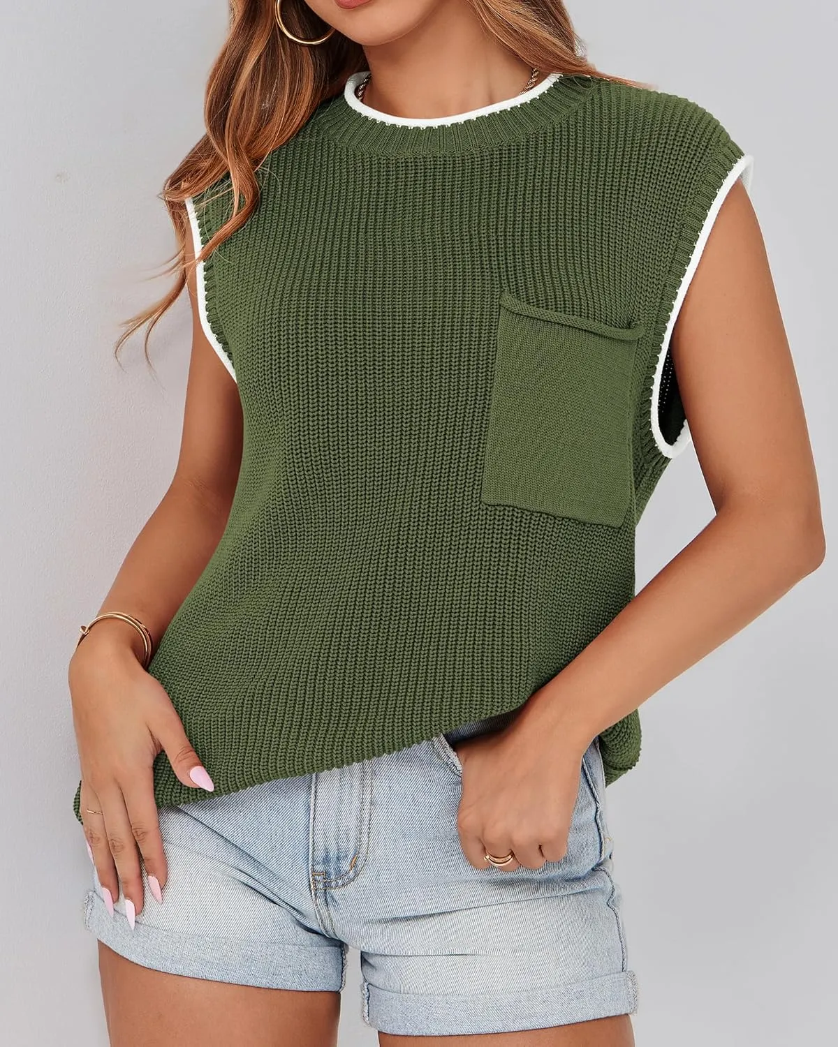 KIRUNDO Cap Sleeve Sweater Vest for Women Casual Summer Clothes 2025 Sleeveless Crewneck Ribbed Knit Pullover Tank Tops