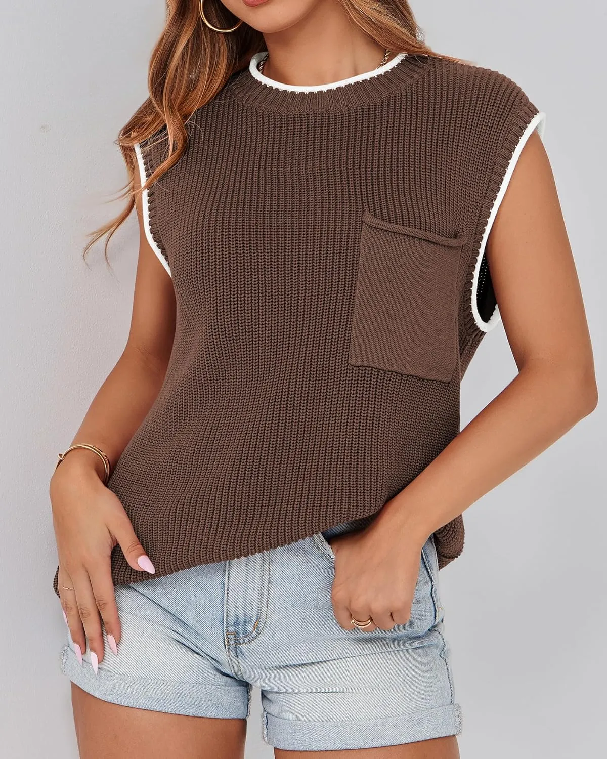 KIRUNDO Cap Sleeve Sweater Vest for Women Casual Summer Clothes 2025 Sleeveless Crewneck Ribbed Knit Pullover Tank Tops