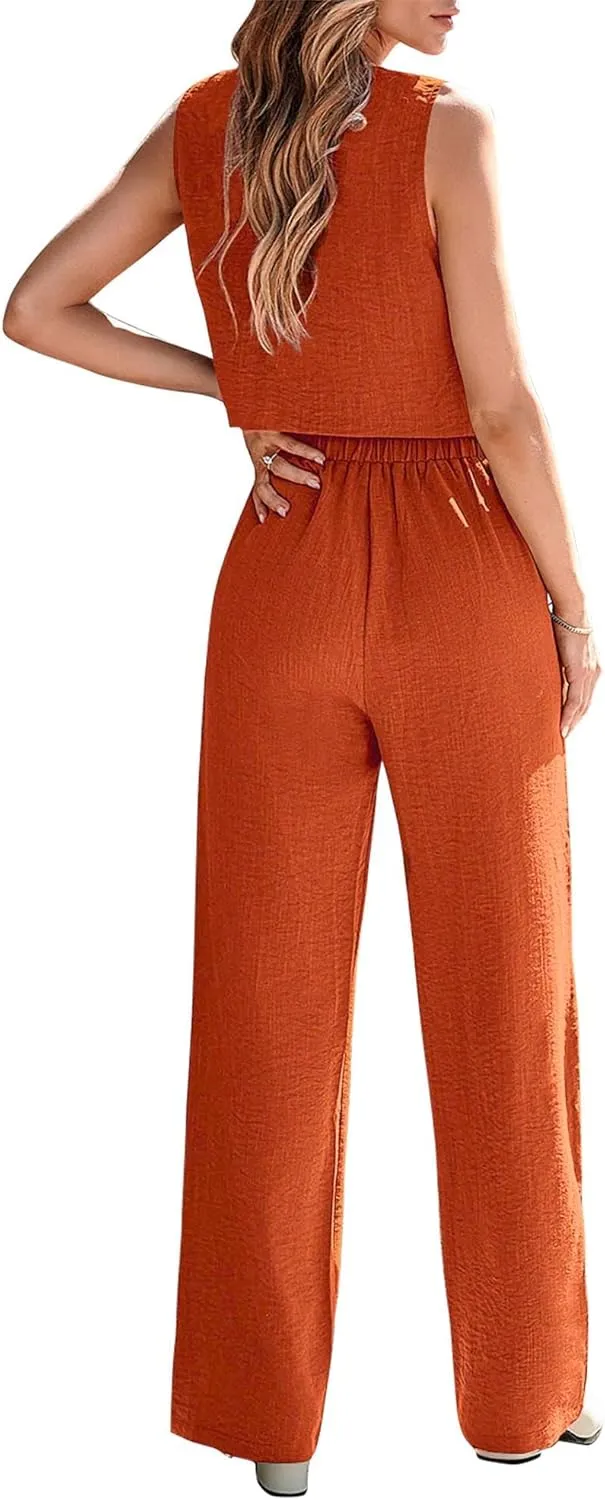 KIRUNDO Womens Two Piece Outfits Summer Fashion Button V Neck Crop Vest Blazer and Wide Leg Pants Suit Matching Sets