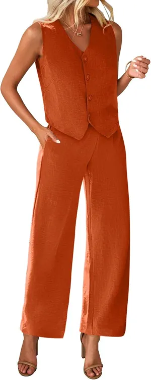 KIRUNDO Womens Two Piece Outfits Summer Fashion Button V Neck Crop Vest Blazer and Wide Leg Pants Suit Matching Sets