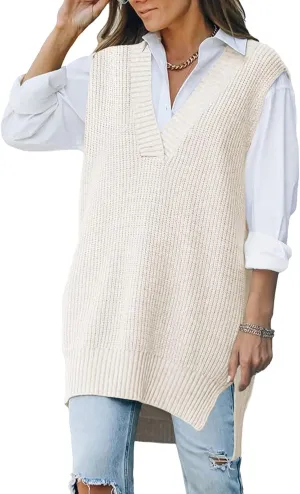 Kisscynest Women's Oversized V Neck Knitted Sweater Vest Casual Loose Sleeveless Sweater Pullover