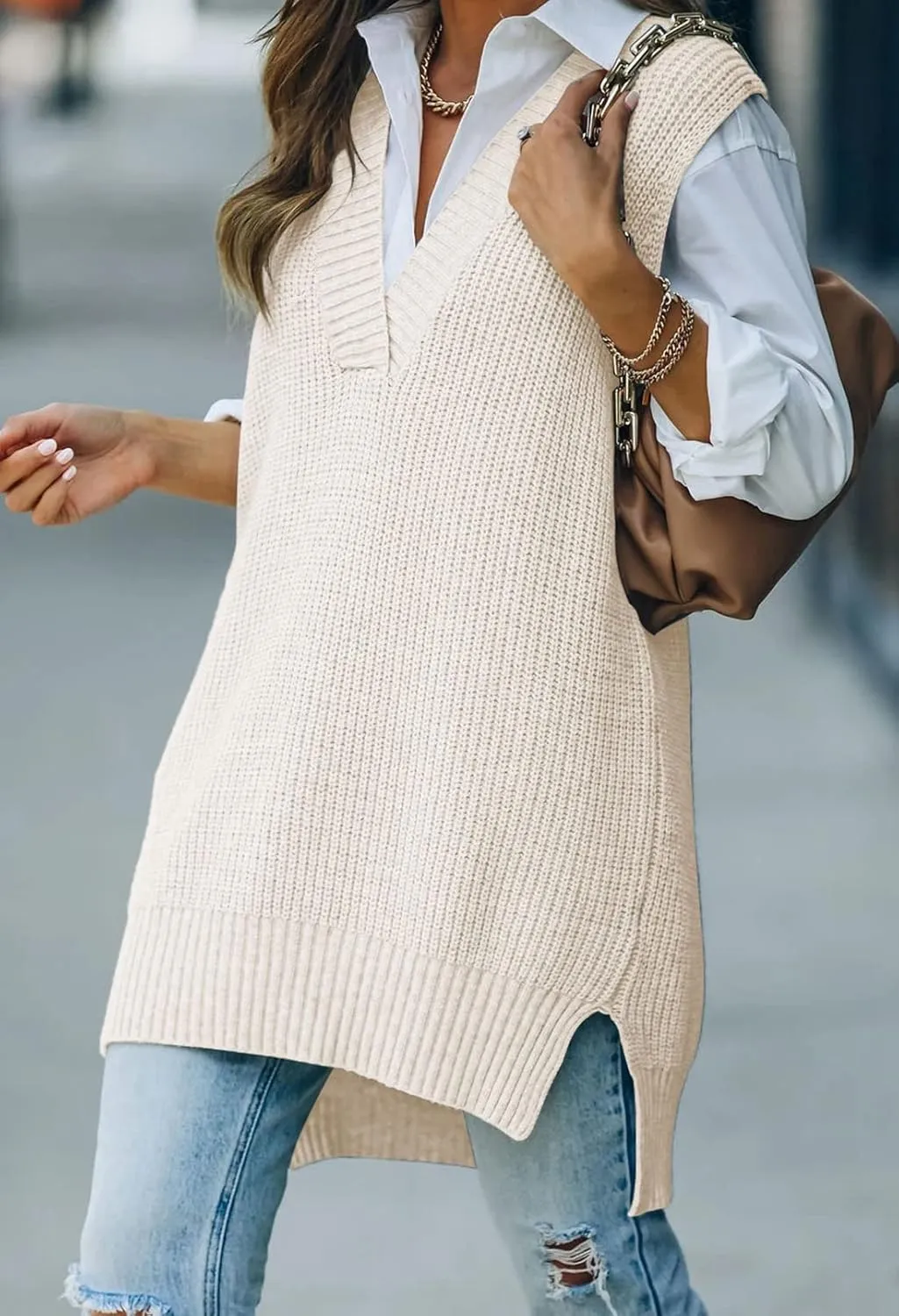 Kisscynest Women's Oversized V Neck Knitted Sweater Vest Casual Loose Sleeveless Sweater Pullover