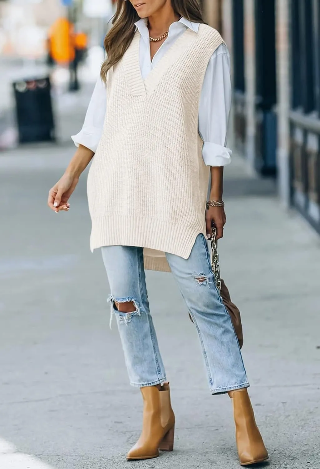 Kisscynest Women's Oversized V Neck Knitted Sweater Vest Casual Loose Sleeveless Sweater Pullover