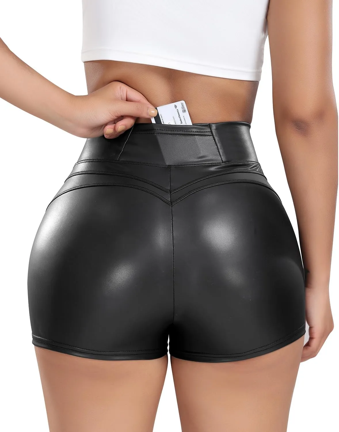 KIWI RATA Women's Leather Shorts Faux High Waisted Leggings Black Shorts for Casual Summer