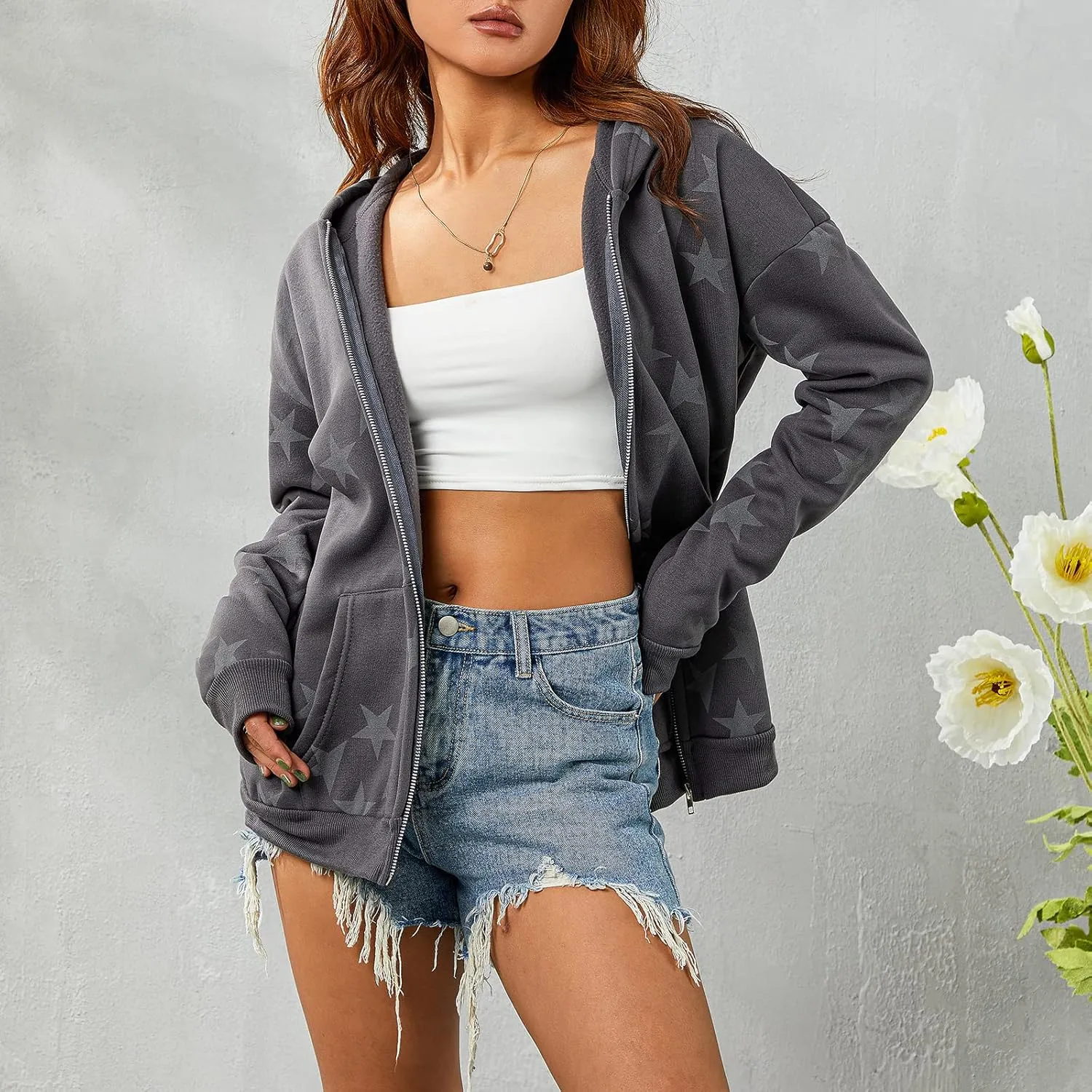KOSUSANILL Women Y2k Star Graphic Zip Up Hoodie Long Sleeve Oversized Sweatshirt Jacket Vintage Aesthetic Streetwear