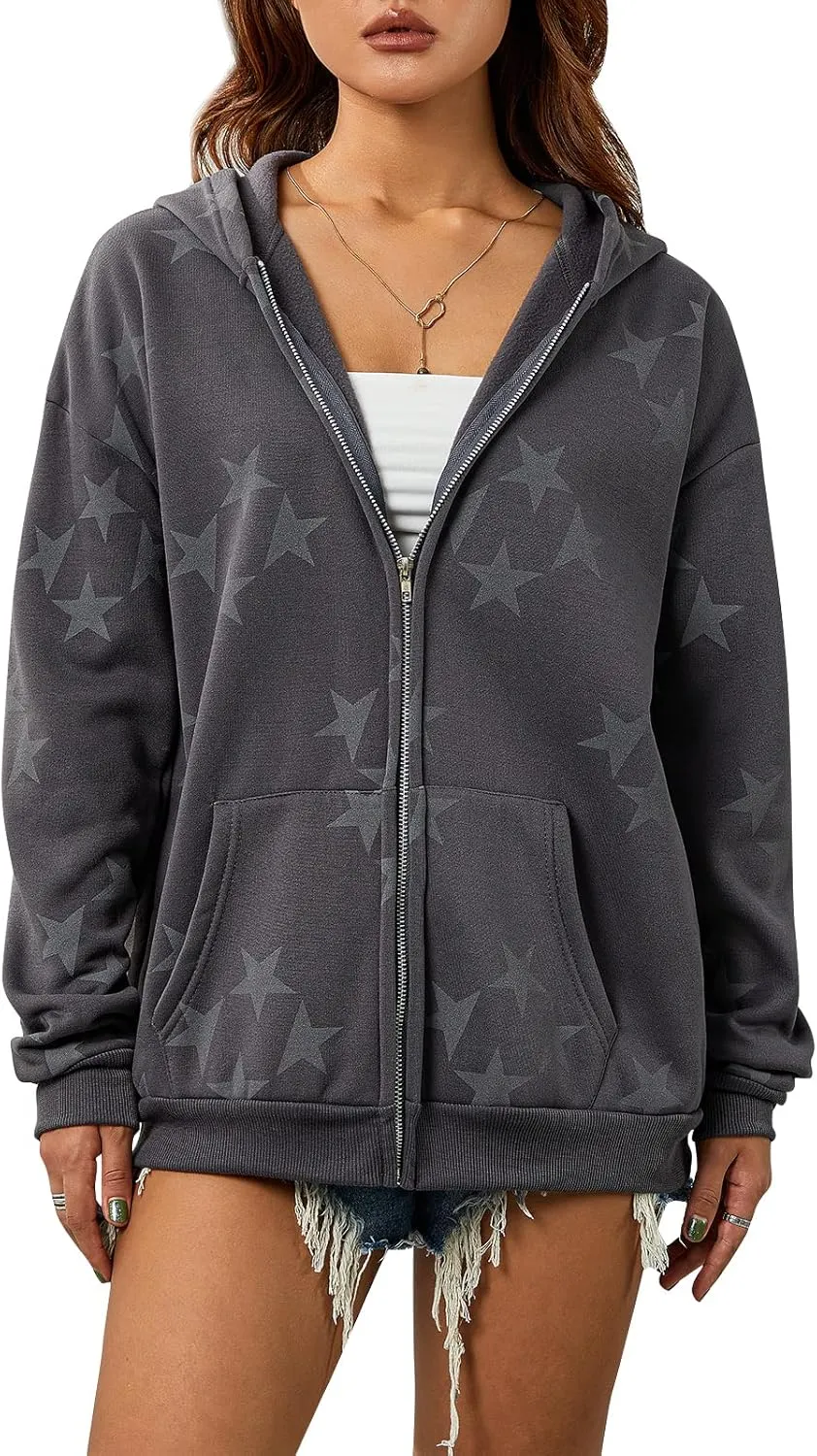 KOSUSANILL Women Y2k Star Graphic Zip Up Hoodie Long Sleeve Oversized Sweatshirt Jacket Vintage Aesthetic Streetwear
