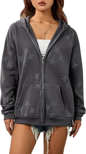KOSUSANILL Women Y2k Star Graphic Zip Up Hoodie Long Sleeve Oversized Sweatshirt Jacket Vintage Aesthetic Streetwear
