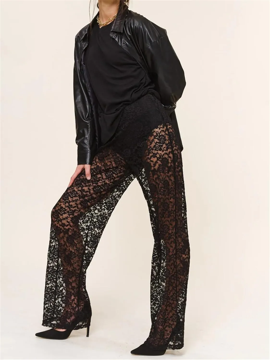 Lace Sheer Pants for Women See Through Mesh High Waist Wide Leg Stretchy Trousers Y2k Gothic Fairy Grunge Streetwear