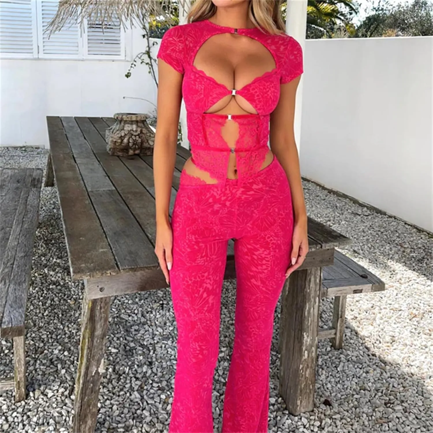 Lace Sheer Pants for Women See Through Mesh High Waist Wide Leg Stretchy Trousers Y2k Gothic Fairy Grunge Streetwear