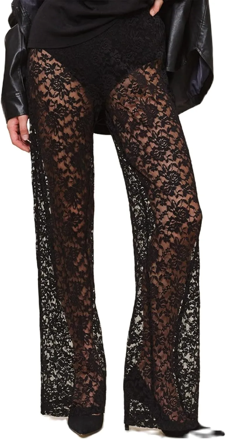 Lace Sheer Pants for Women See Through Mesh High Waist Wide Leg Stretchy Trousers Y2k Gothic Fairy Grunge Streetwear