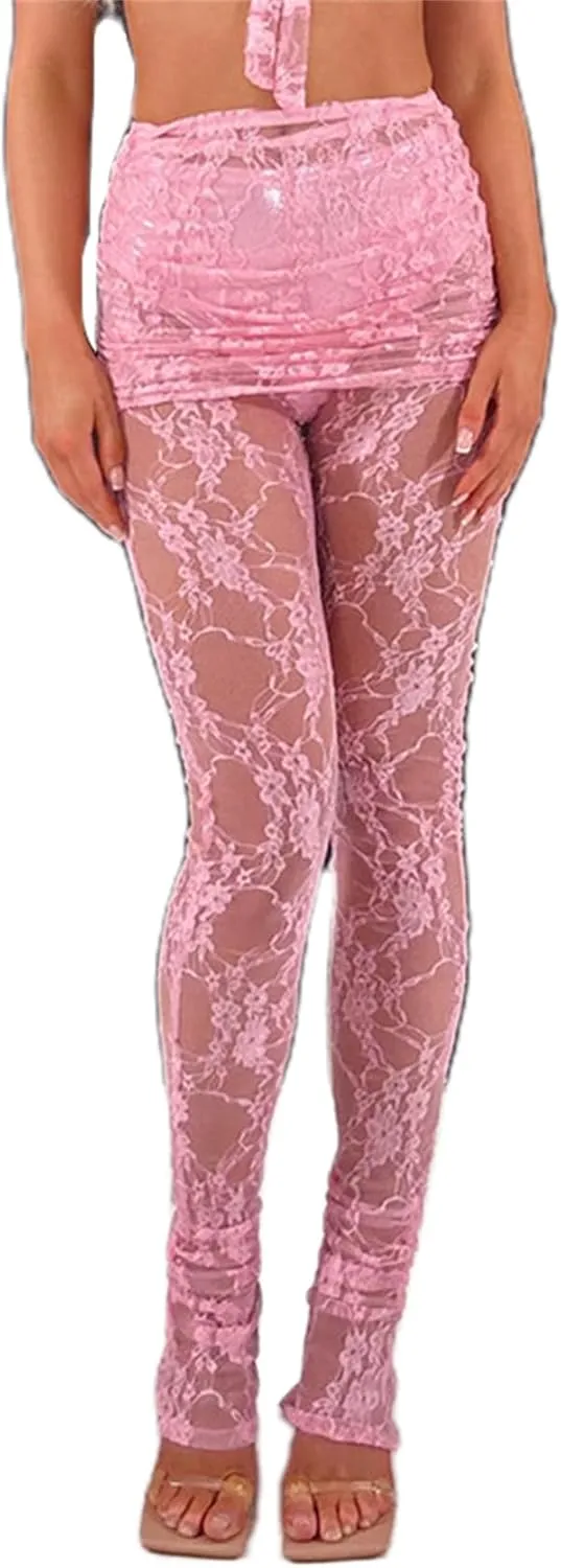 Lace Sheer Pants for Women See Through Mesh High Waist Wide Leg Stretchy Trousers Y2k Gothic Fairy Grunge Streetwear