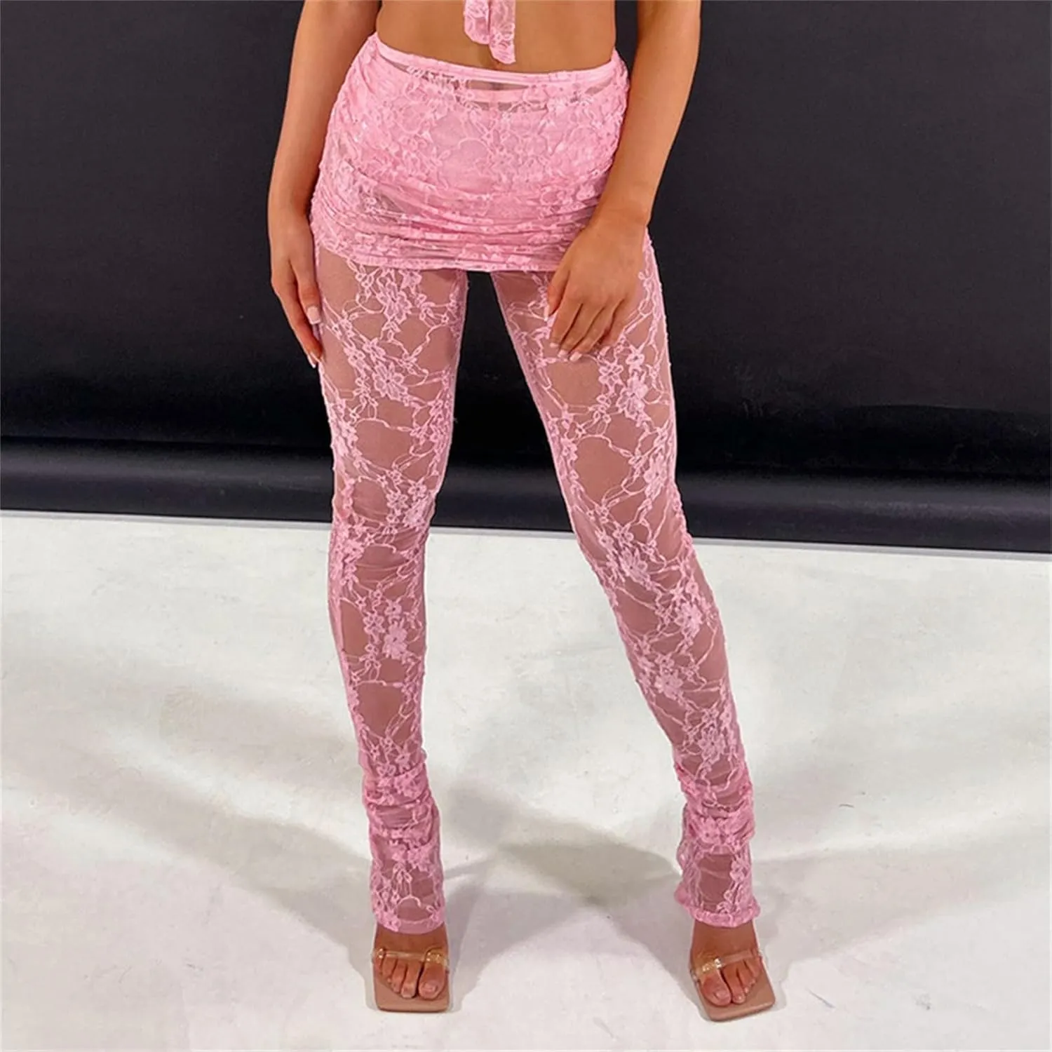 Lace Sheer Pants for Women See Through Mesh High Waist Wide Leg Stretchy Trousers Y2k Gothic Fairy Grunge Streetwear
