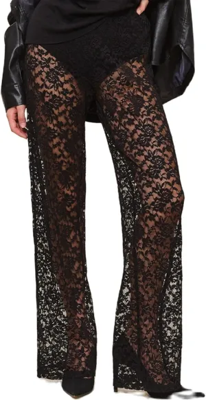 Lace Sheer Pants for Women See Through Mesh High Waist Wide Leg Stretchy Trousers Y2k Gothic Fairy Grunge Streetwear
