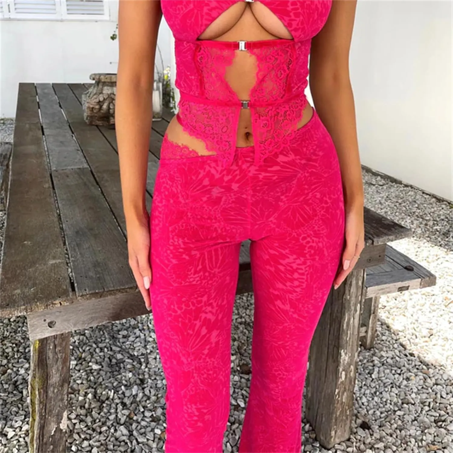 Lace Sheer Pants for Women See Through Mesh High Waist Wide Leg Stretchy Trousers Y2k Gothic Fairy Grunge Streetwear