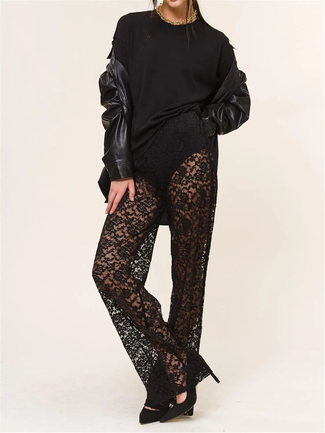 Lace Sheer Pants for Women See Through Mesh High Waist Wide Leg Stretchy Trousers Y2k Gothic Fairy Grunge Streetwear