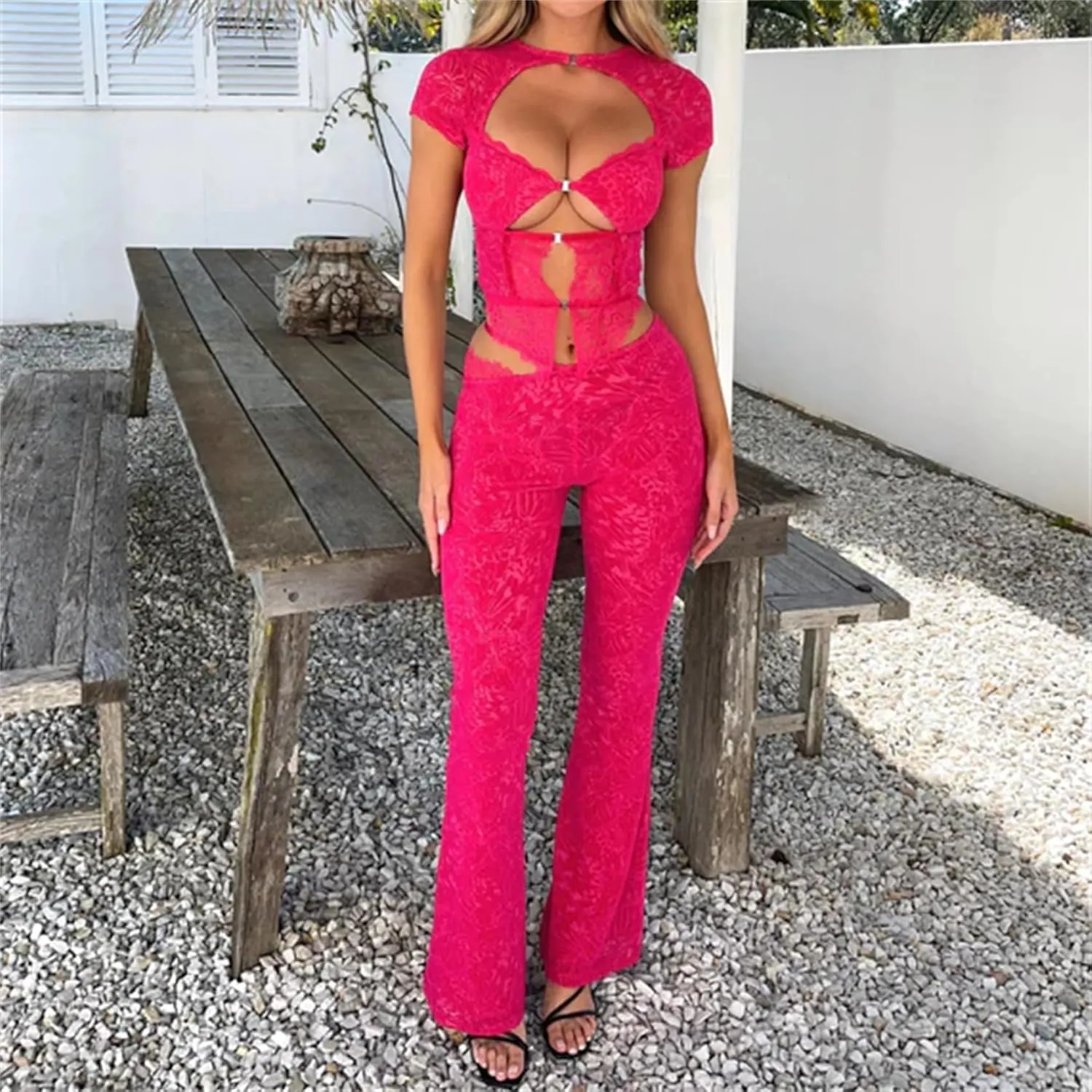 Lace Sheer Pants for Women See Through Mesh High Waist Wide Leg Stretchy Trousers Y2k Gothic Fairy Grunge Streetwear