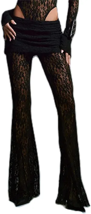 Lace Sheer Pants for Women See Through Mesh High Waist Wide Leg Stretchy Trousers Y2k Gothic Fairy Grunge Streetwear