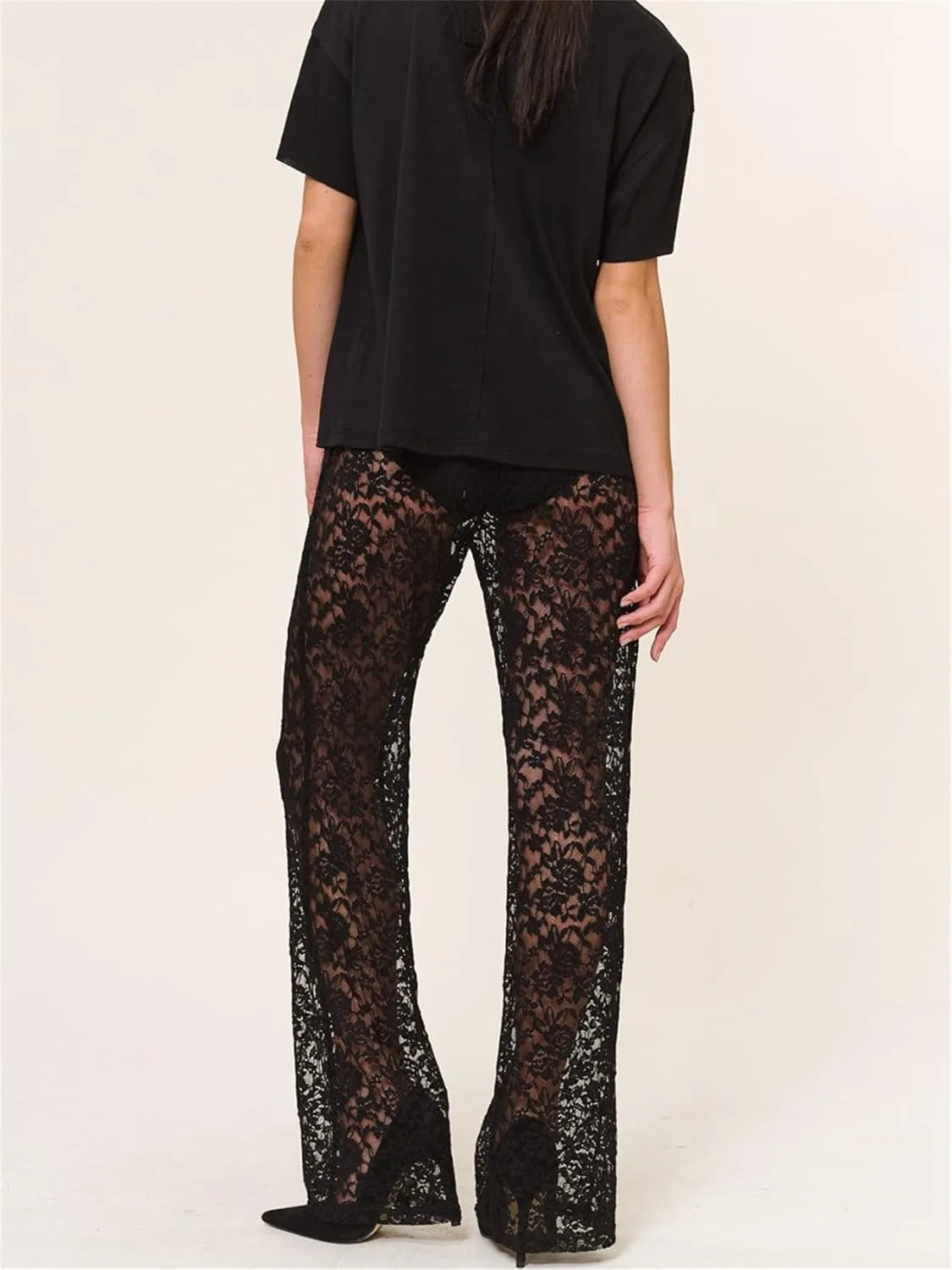 Lace Sheer Pants for Women See Through Mesh High Waist Wide Leg Stretchy Trousers Y2k Gothic Fairy Grunge Streetwear
