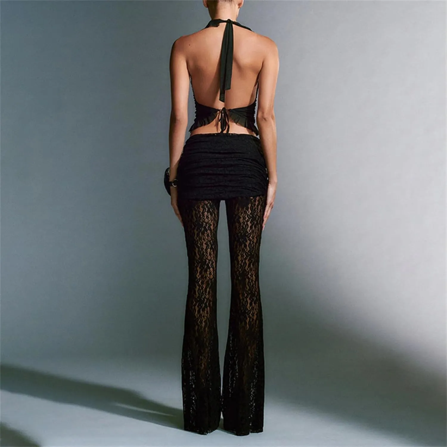 Lace Sheer Pants for Women See Through Mesh High Waist Wide Leg Stretchy Trousers Y2k Gothic Fairy Grunge Streetwear