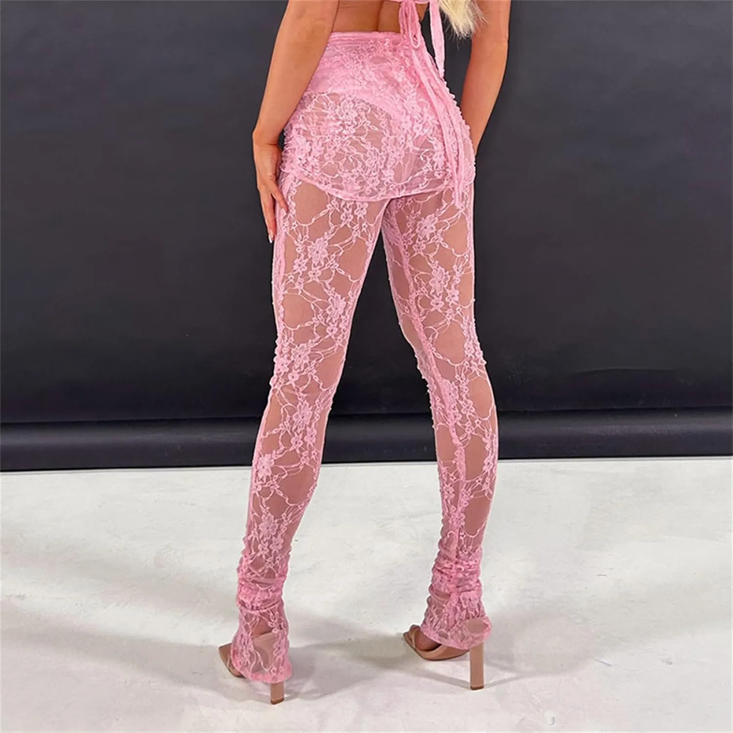 Lace Sheer Pants for Women See Through Mesh High Waist Wide Leg Stretchy Trousers Y2k Gothic Fairy Grunge Streetwear
